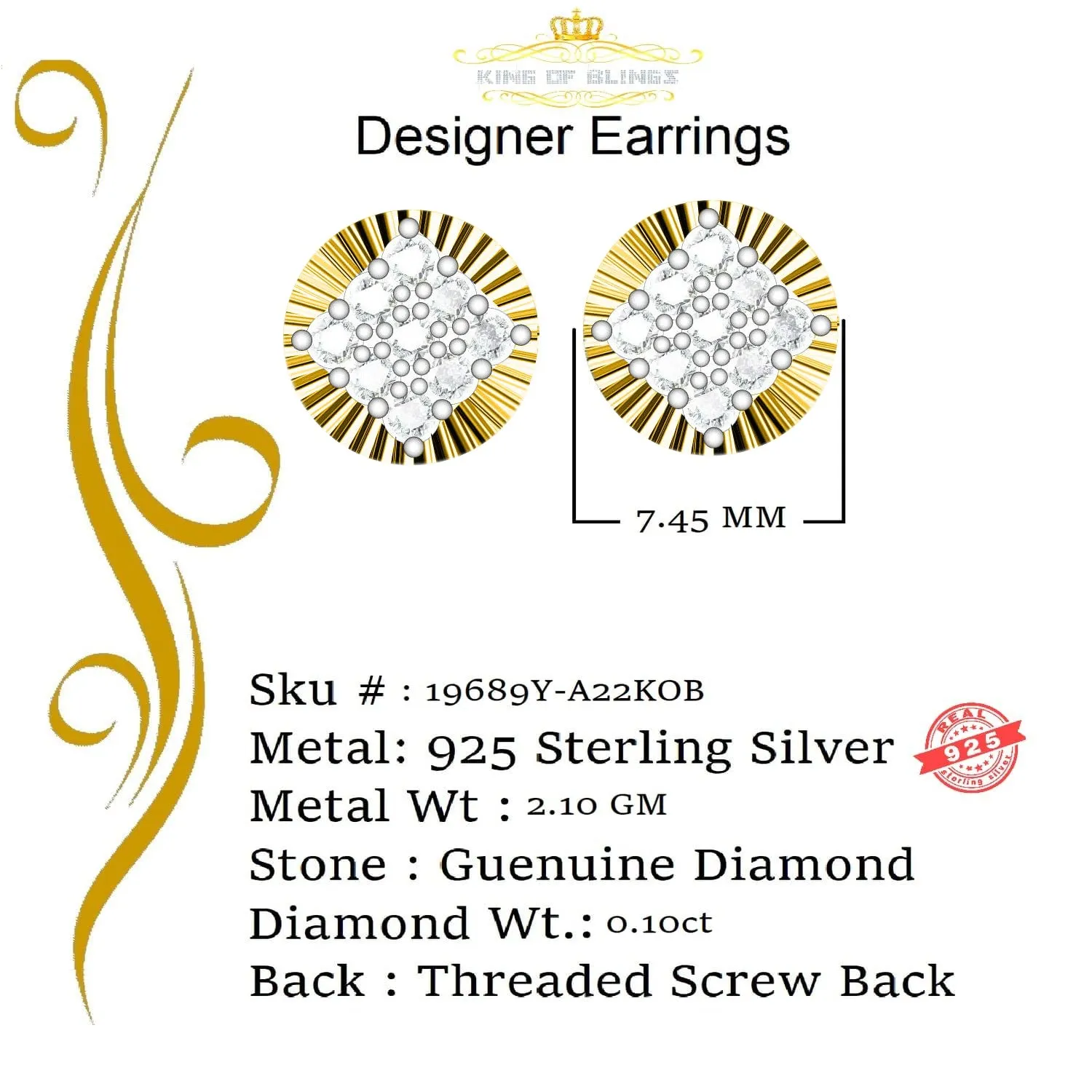 0.10ct Diamond 925 Sterling Silver Yellow For Men's & Women's Stud Round Earring