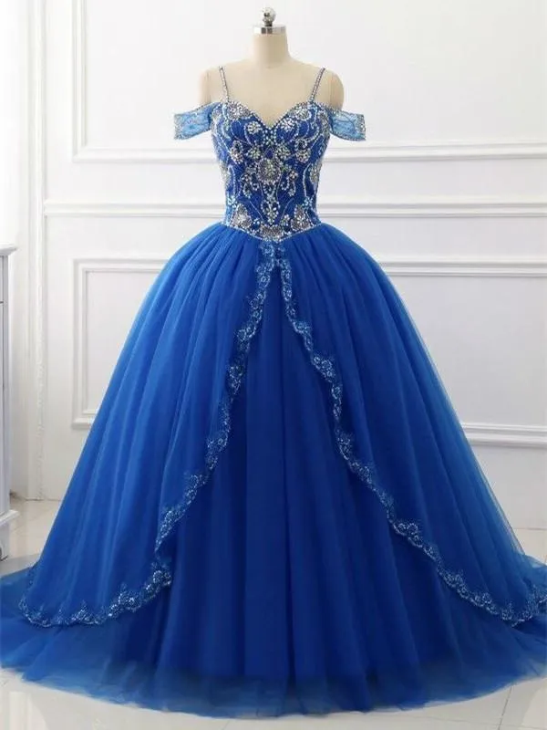 A-line Spaghetti Strap Sweep Train Tulle Royal Blue Quinceanera Dresses ASD27100