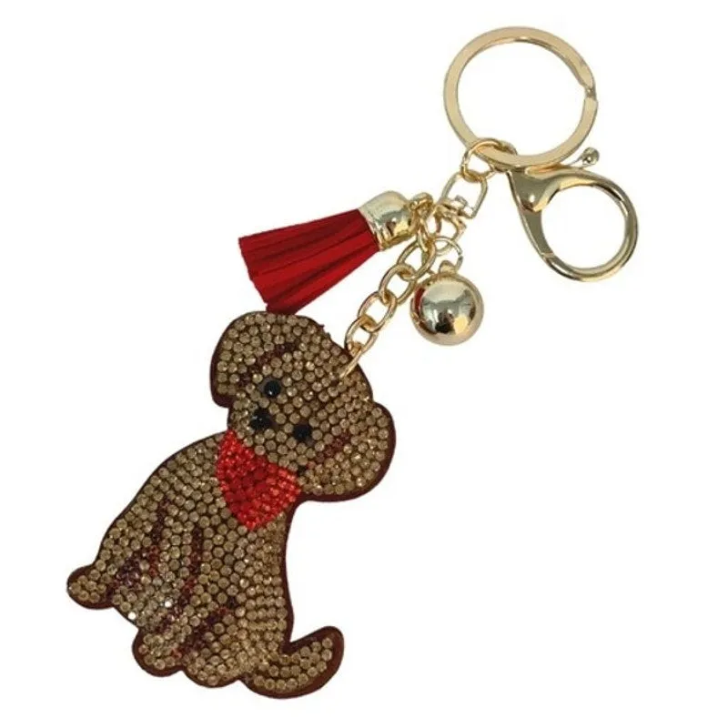Bling Crystal Brown Dog Red Bandana Tassel Keychain Keyring Bag Purse Charm