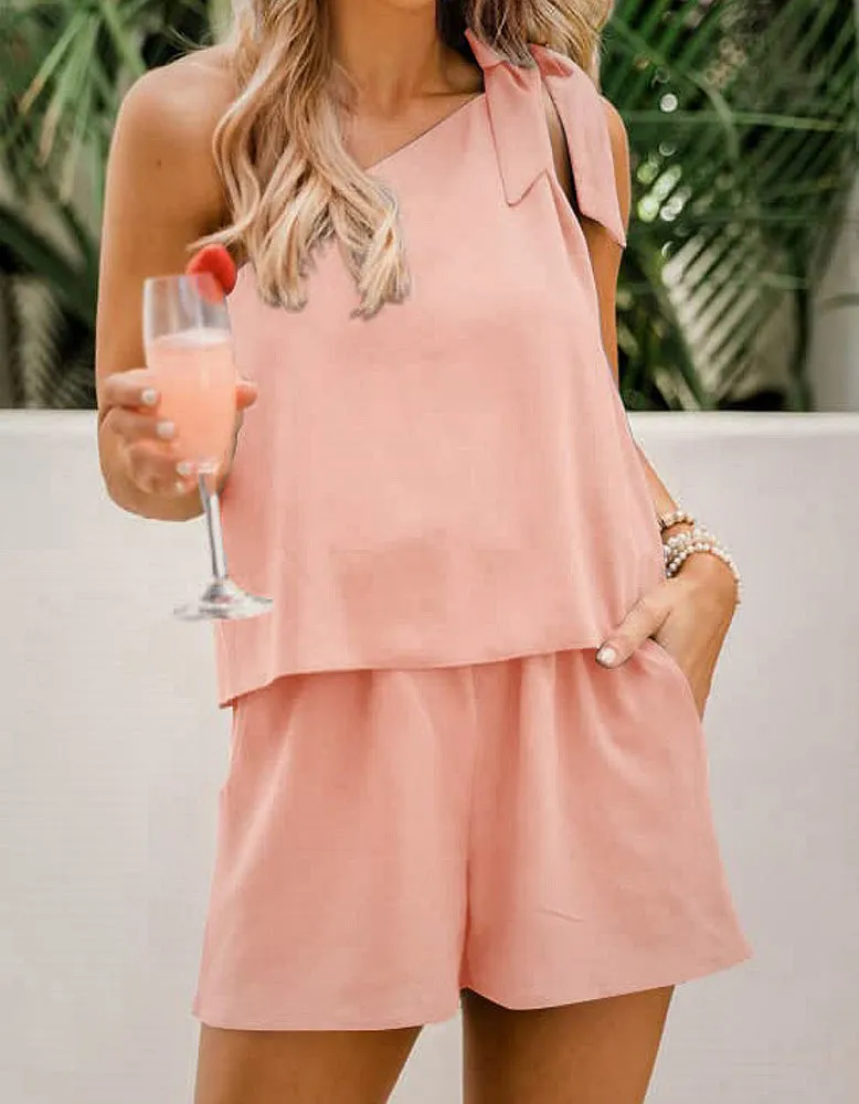 Plain One Shoulder Two-piece Top Wide Leg Elastic Waist Pants Sets