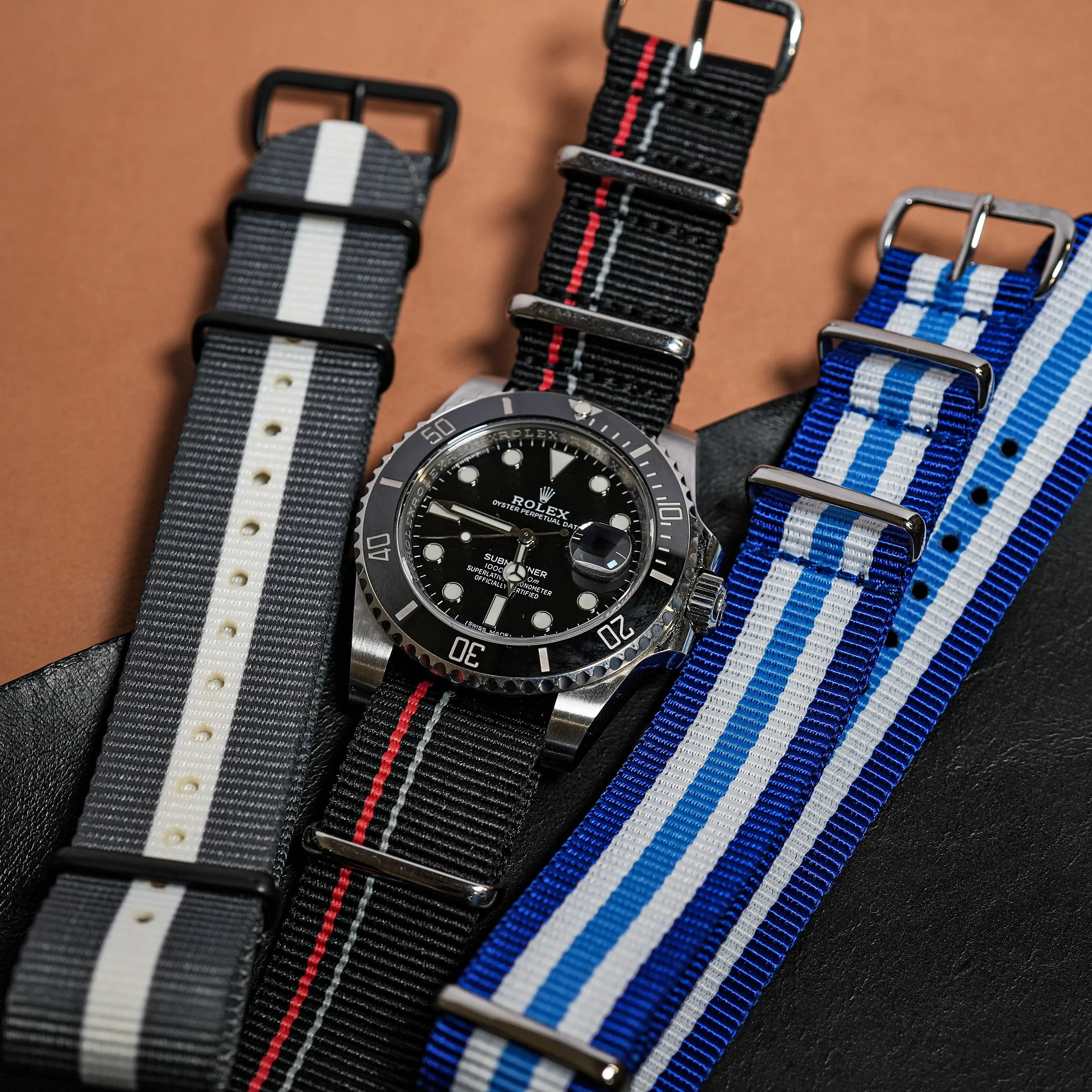 Premium Nato Strap in Black w/ Race Stripes