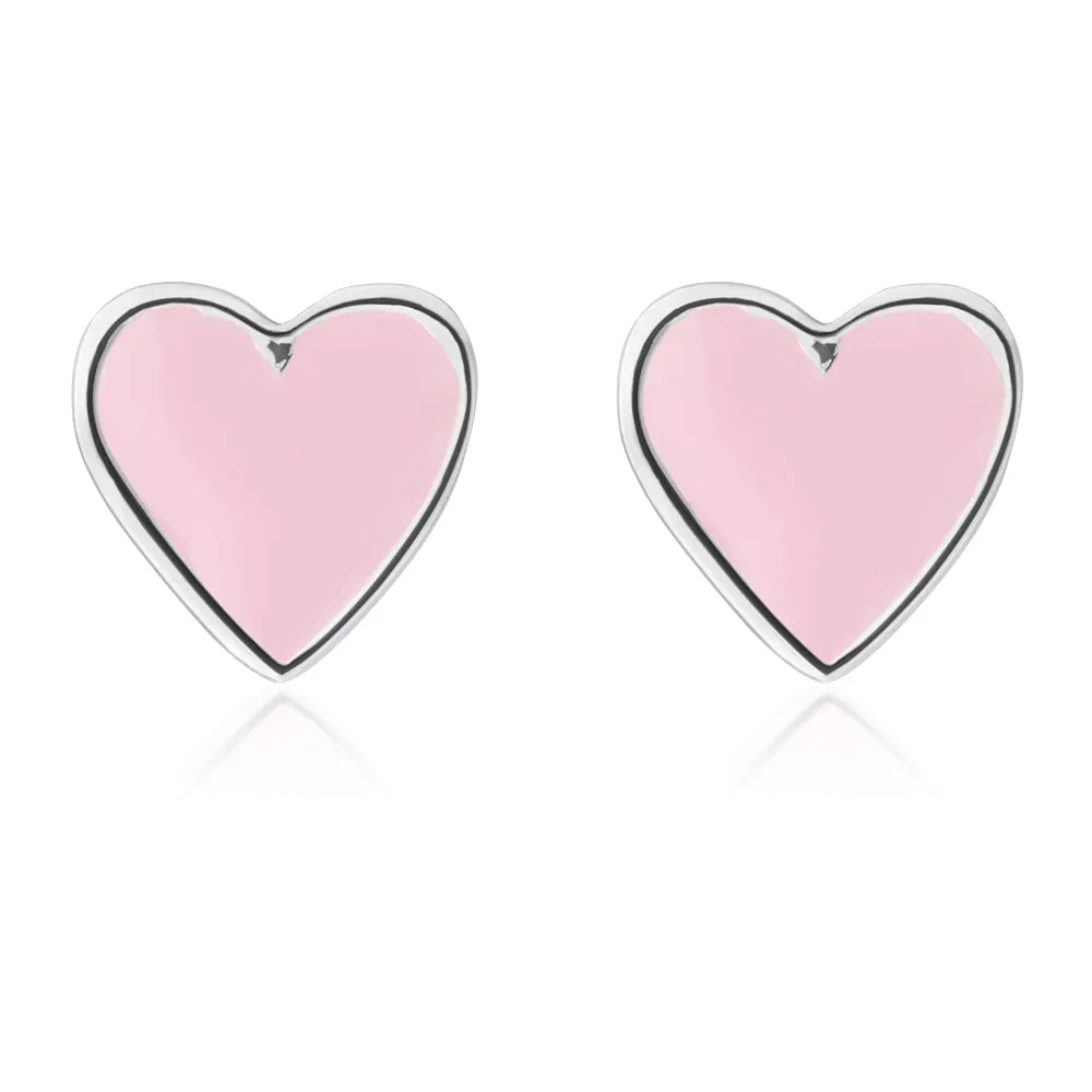 Sterling Silver Pink Enamel Heart Studs